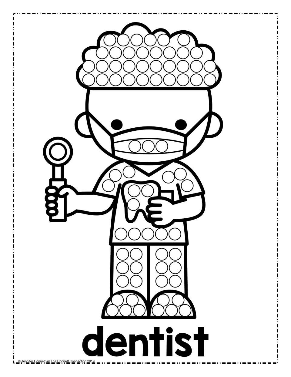 Dentist dot art: a masked dentist with curly hair holds a mirror and tooth; students dot the hair, scrubs and shoes