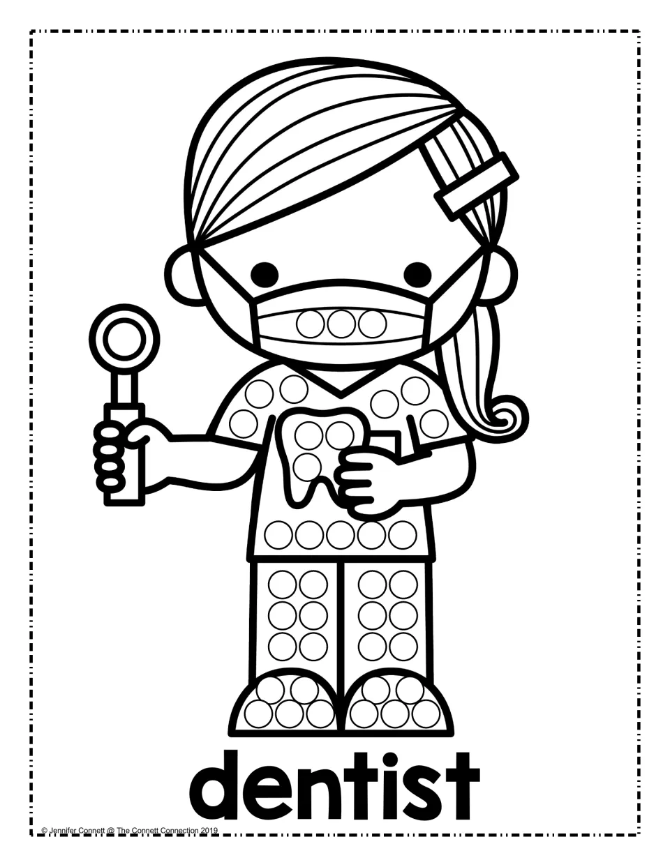 Second dentist dot art: a masked dentist with a ponytail and hair clip holds a mirror and tooth for students to dot