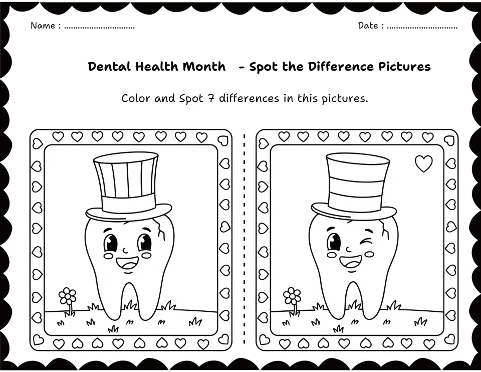 Dental Health Month: students color two pictures of a smiling tooth in a top hat and spot 7 differences between them