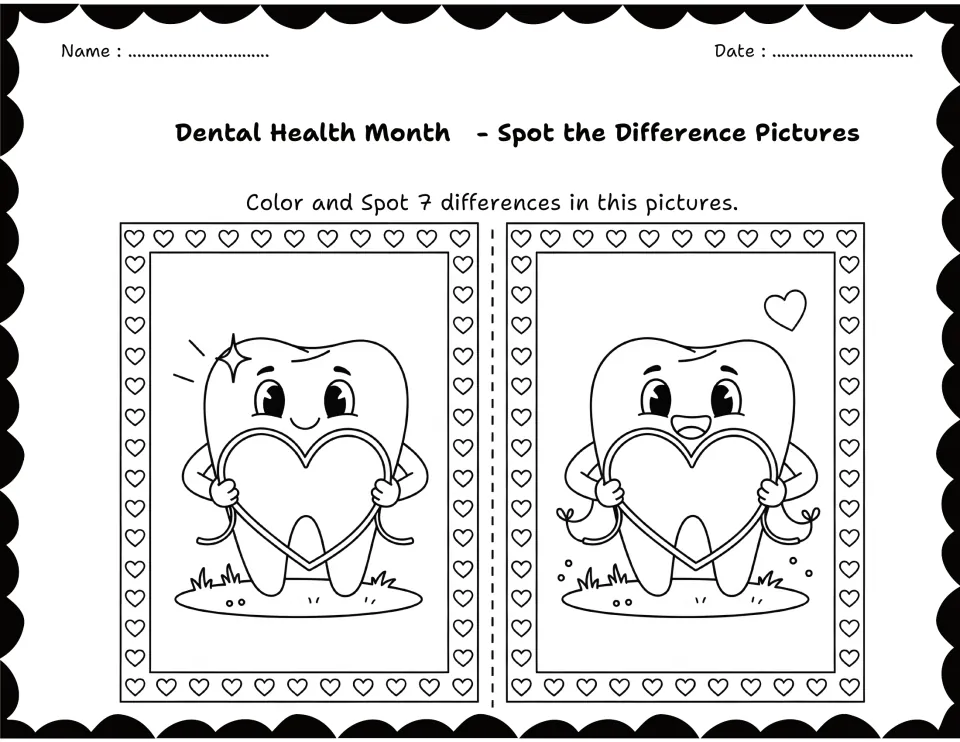 Tooth holding a heart made of floss: students color both versions and find 7 differences, such as a sparkle and a heart