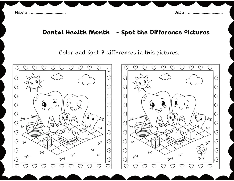 Tooth family picnic with sandwich, apple, juice box and basket: students compare two scenes to spot 7 differences