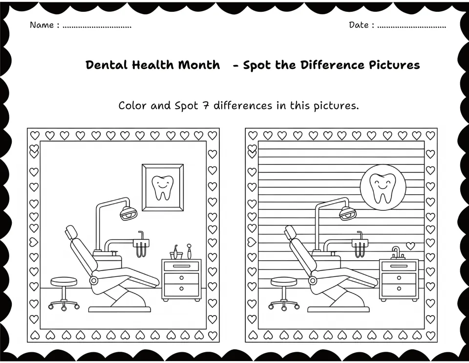 Dentist office with patient chair, lamp, stool, cabinet and tooth picture: students find 7 differences, then color