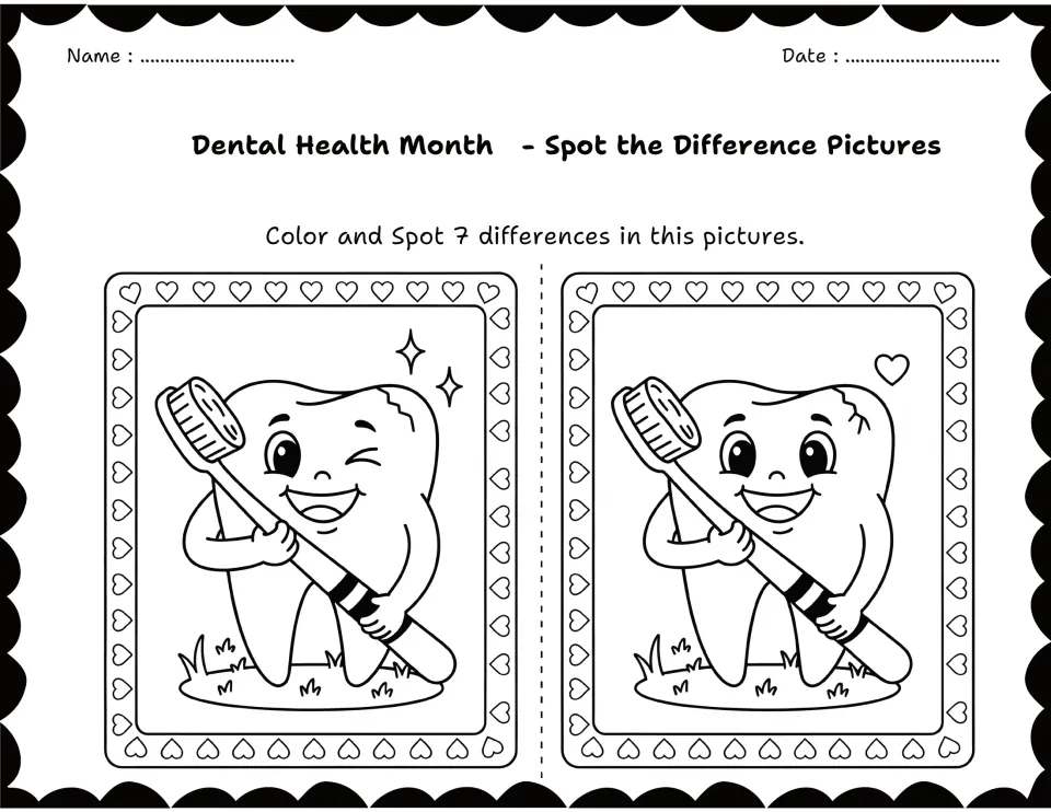 Winking tooth hugging a big toothbrush: students color the pair of pictures and look for 7 changes, like sparkles