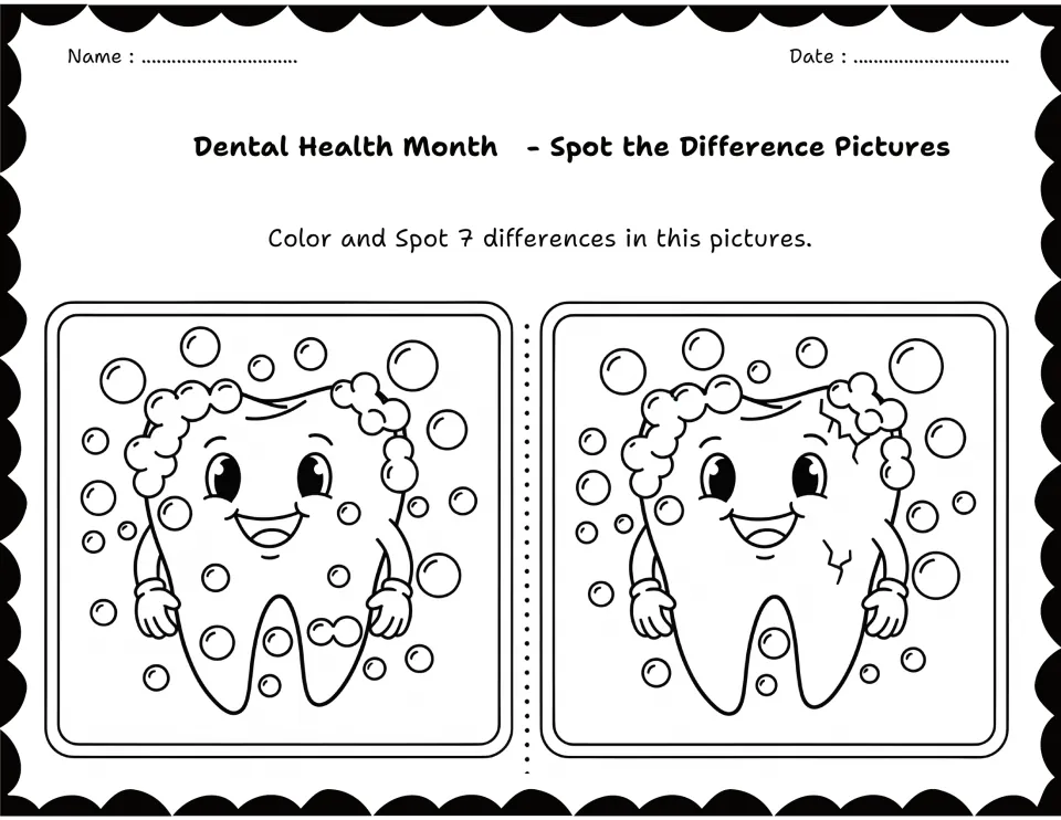 Tooth covered in foamy bubbles: students color and compare two pictures for 7 differences, including cracks on one tooth