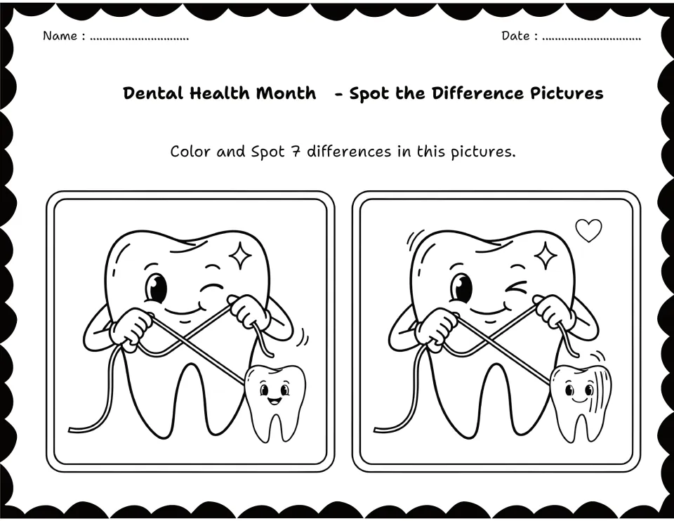 Big tooth flossing beside a small tooth: students color the two scenes and spot 7 differences in the flossing pictures