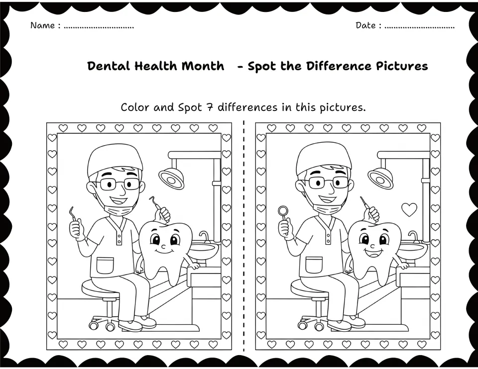 Smiling dentist holding dental tools beside a tooth at the sink: students color and find 7 differences between scenes