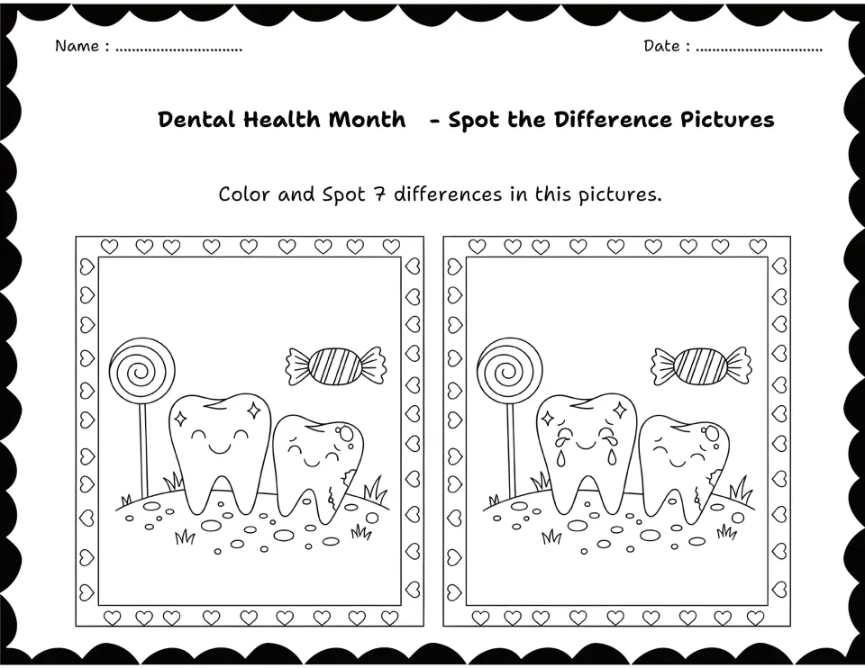 Two teeth beside a lollipop and wrapped candy, one with cavities: students spot 7 differences and color the candy scene