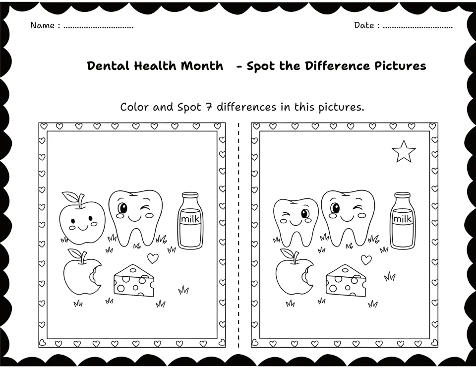 Healthy foods for teeth, with apple, milk bottle and cheese beside a tooth: students compare pictures for 7 differences