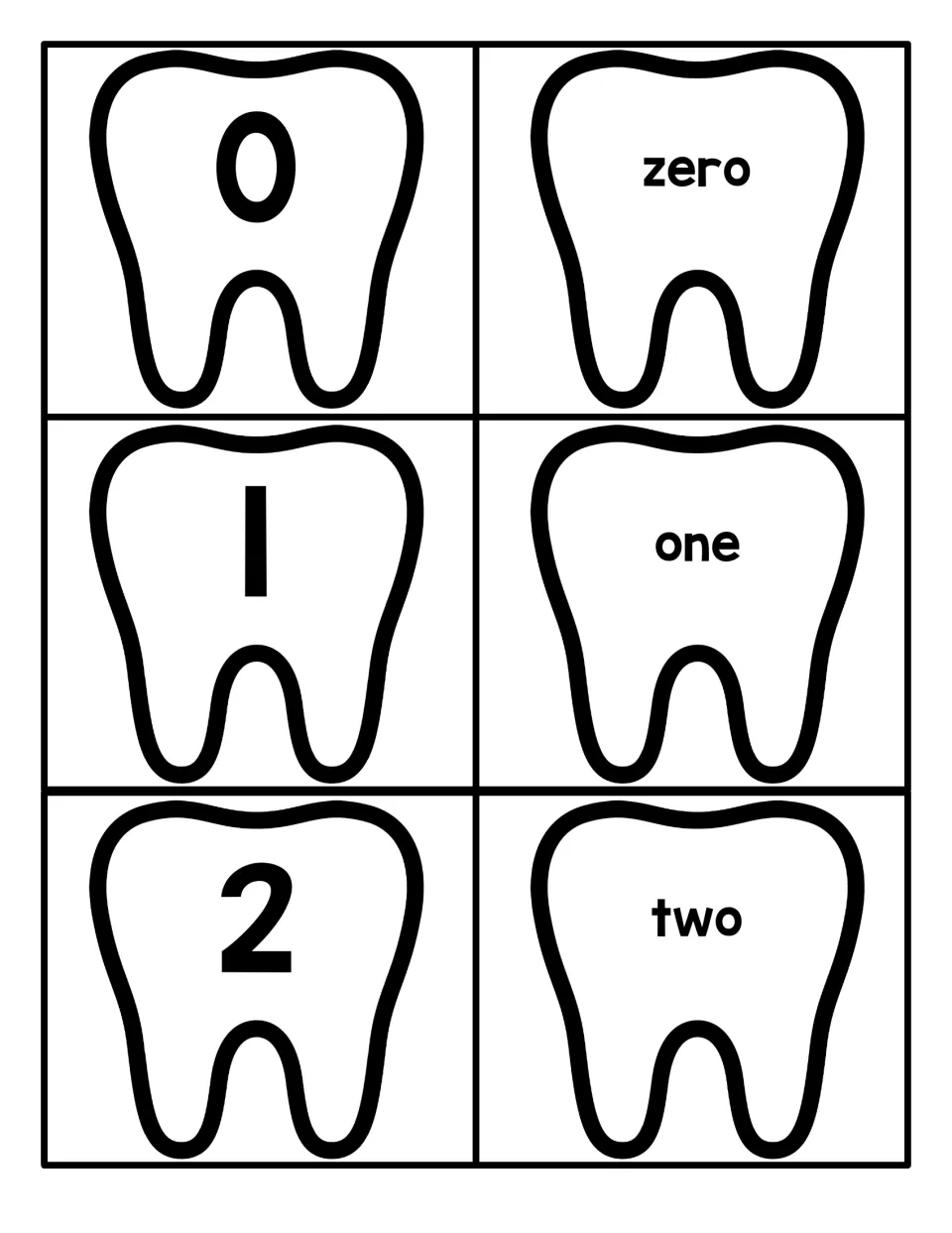 Tooth-shaped number cards 0 to 2: students match each numeral card to its number word card zero, one or two