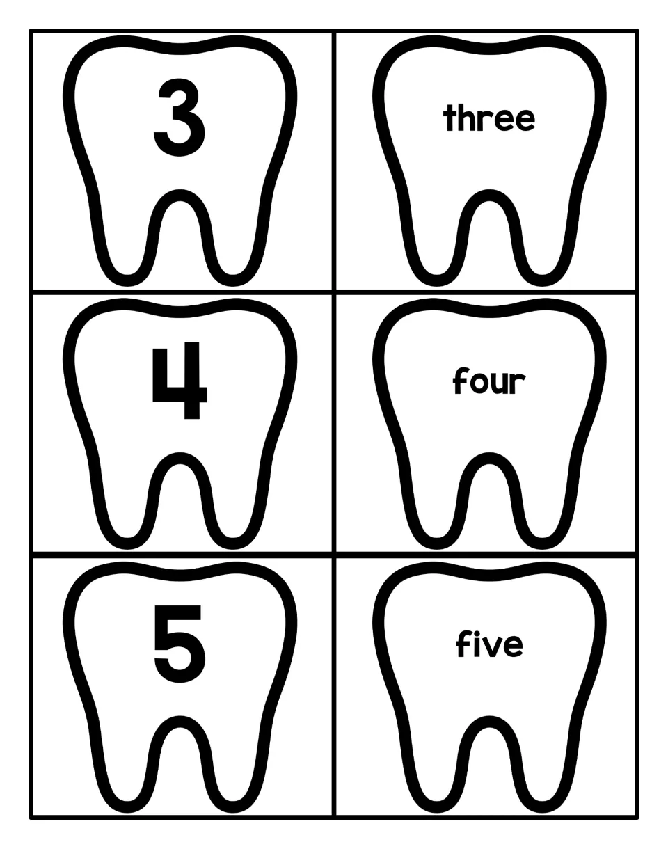 Tooth-shaped number cards 3 to 5: students pair the numerals 3, 4 and 5 with the words three, four and five