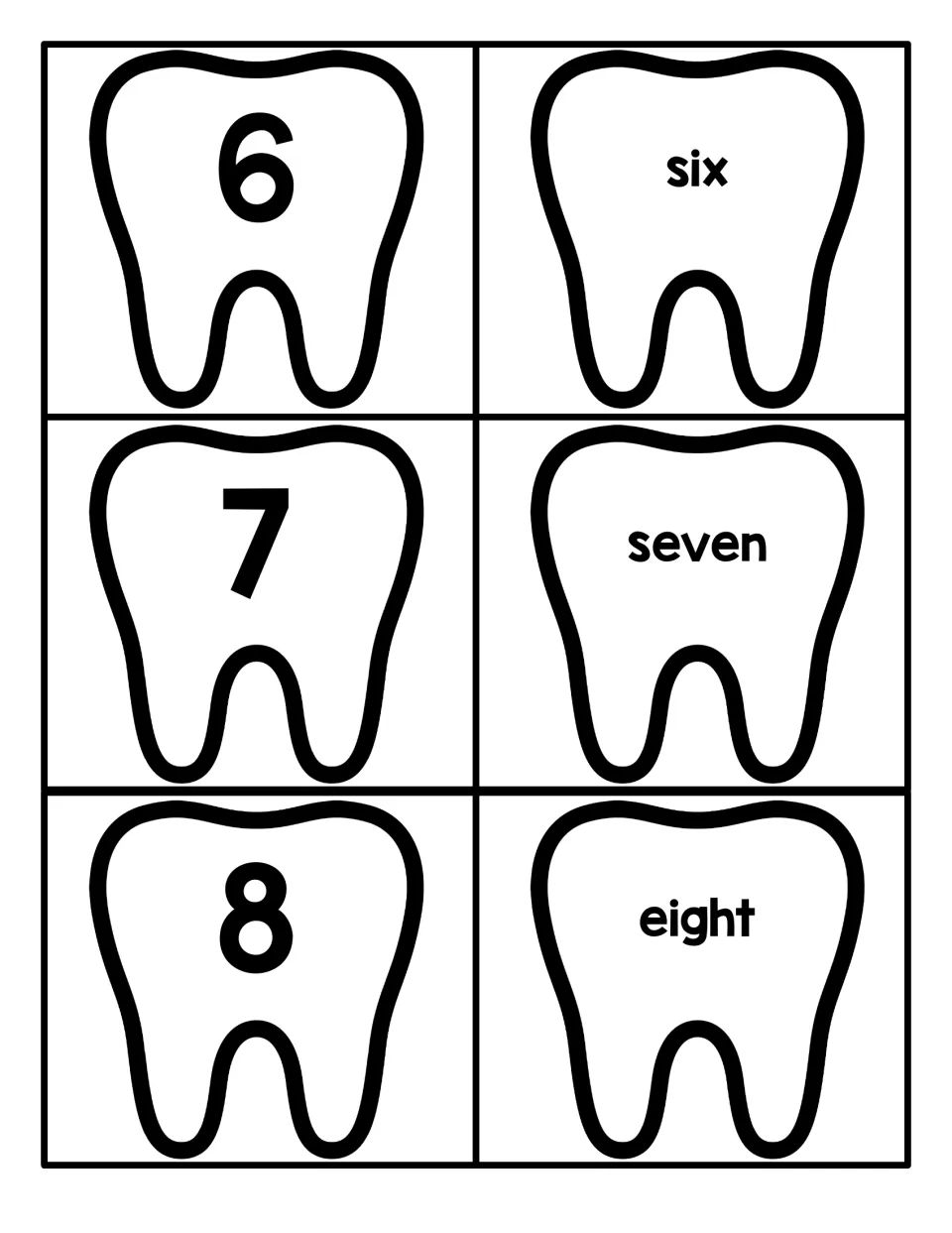 Tooth-shaped number cards 6 to 8: students match numerals 6, 7 and 8 to the number words six, seven and eight