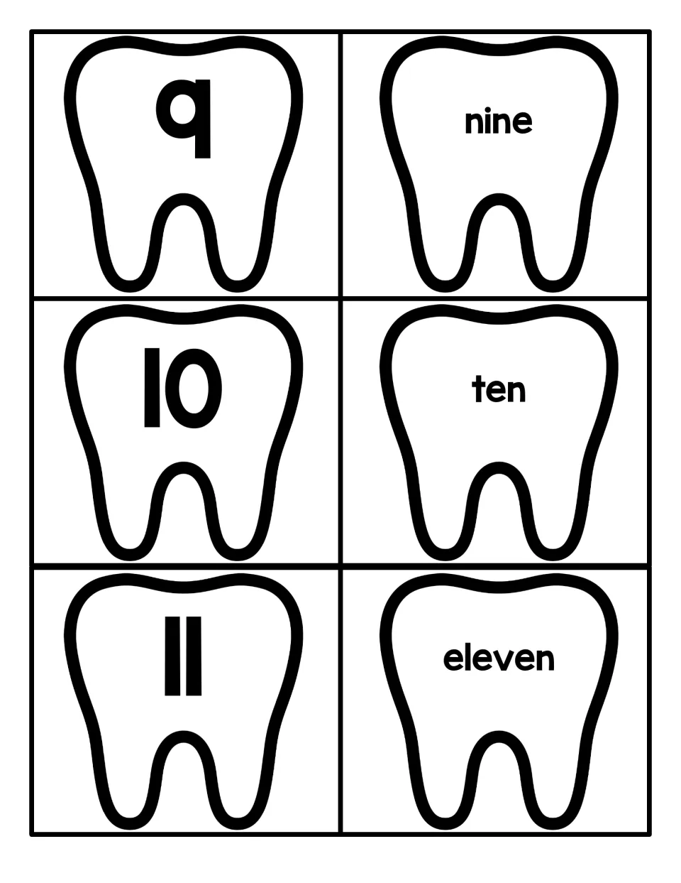 Tooth-shaped number cards 9 to 11: students match numerals 9, 10 and 11 with the words nine, ten and eleven