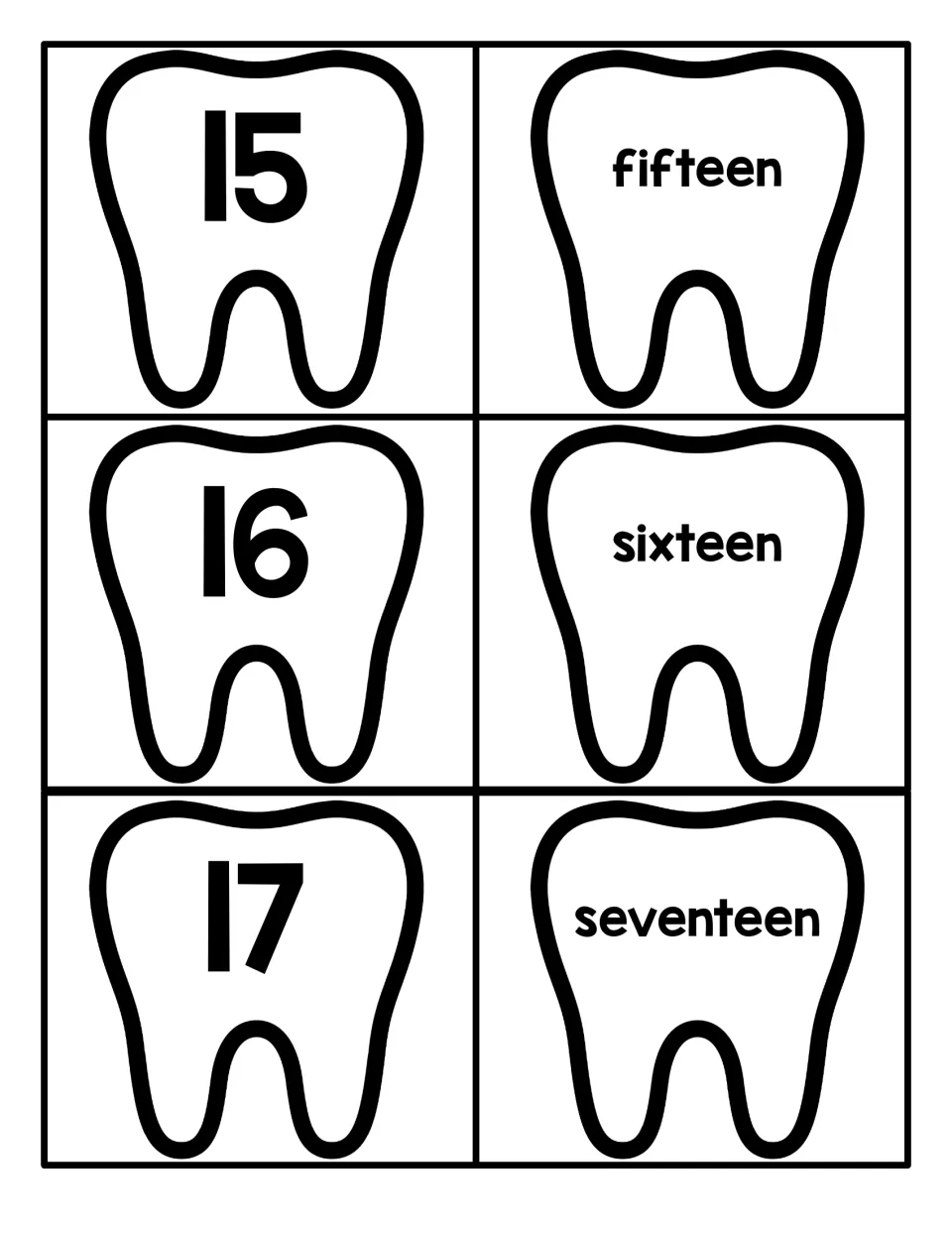 Teen number tooth cards 15 to 17: students pair numerals 15, 16 and 17 with fifteen, sixteen and seventeen