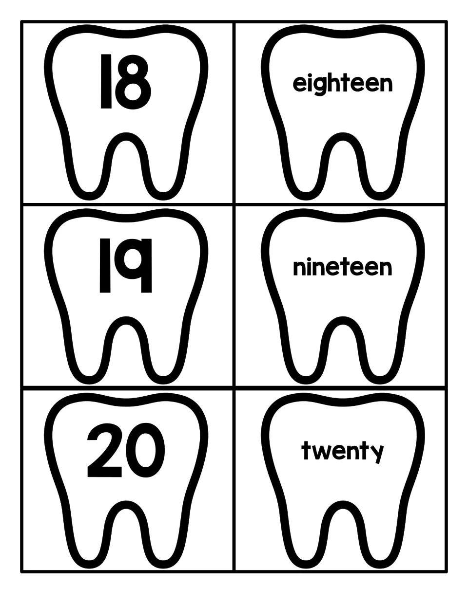Tooth number cards 18 to 20: students match numerals 18, 19 and 20 with the words eighteen, nineteen and twenty