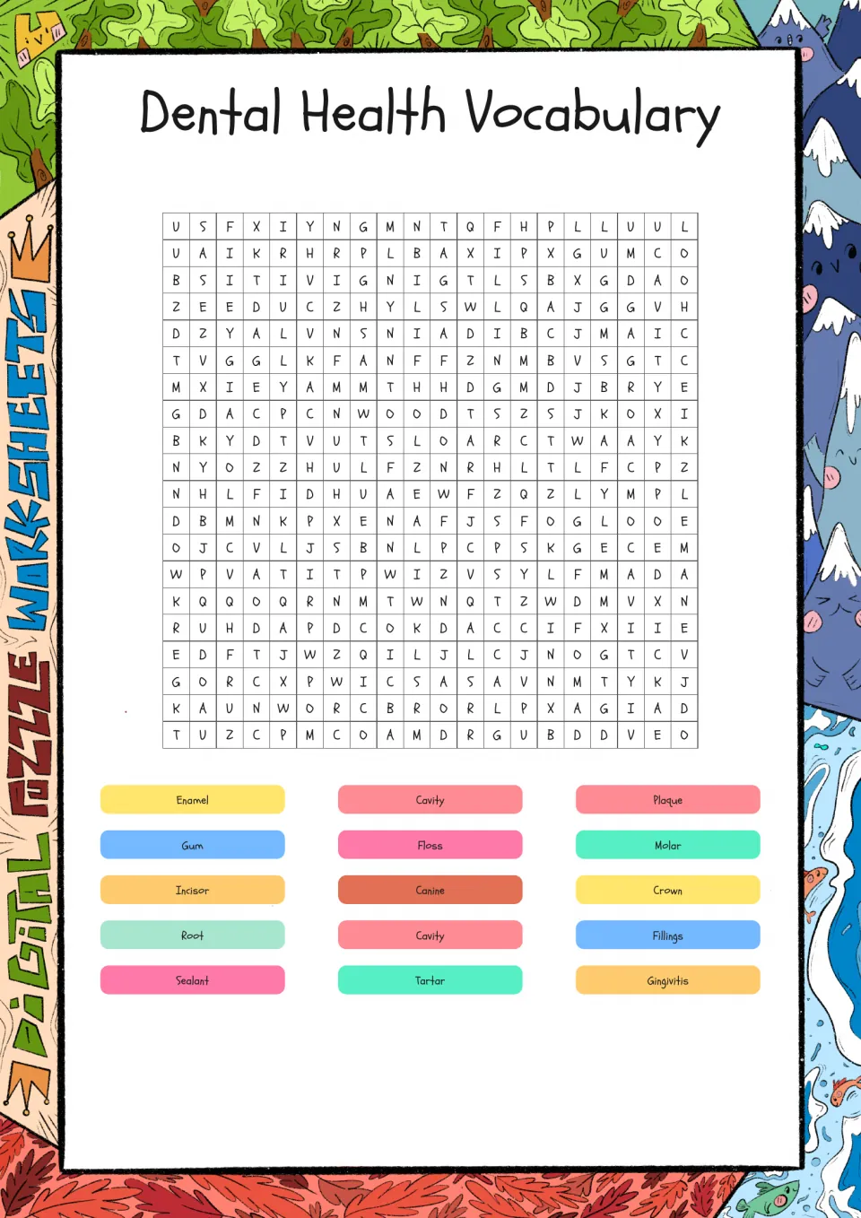 Dental health word search: students find tooth vocabulary such as enamel, plaque, molar, floss and gingivitis