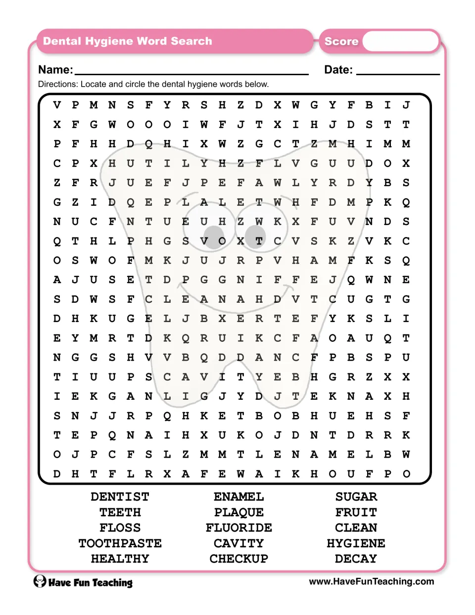 Dental hygiene word search: students find and circle 15 words like dentist, floss, plaque, fluoride and cavity