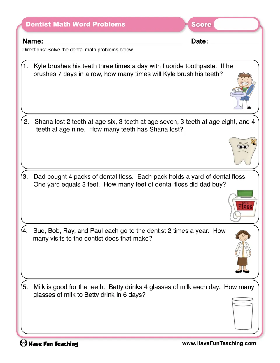 Dentist math word problems: students solve 5 tooth-care stories with addition and multiplication