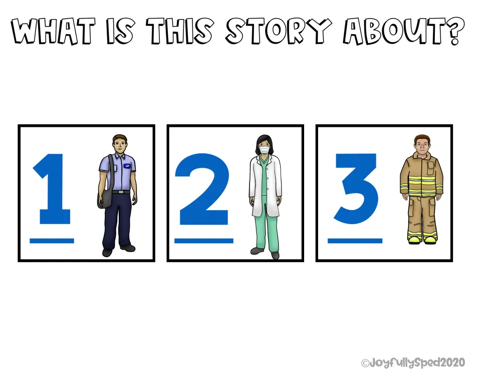 Story main idea question: students pick which helper the story is about from a mail carrier, a dentist and a firefighter
