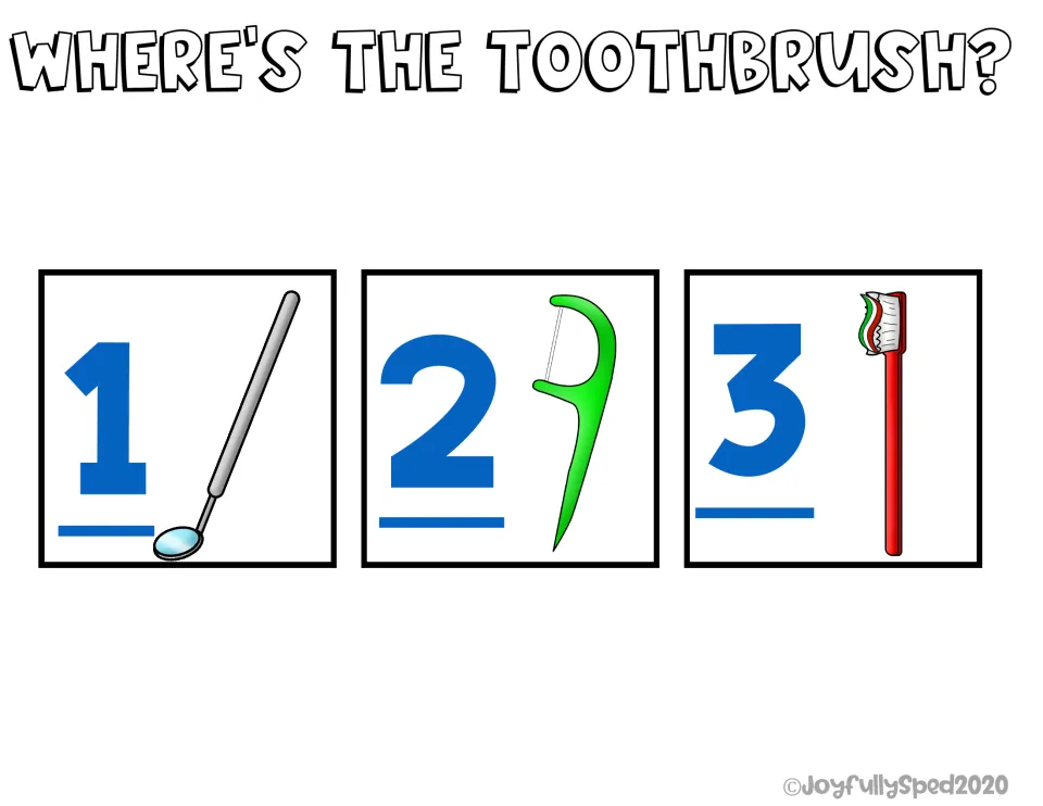 Where's the toothbrush? Students find it among three dental items: a mouth mirror, a floss pick and a red brush