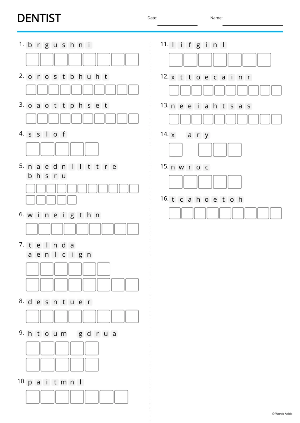 Dentist vocabulary word scramble: students unscramble 16 words like brushing, floss and toothache into letter boxes