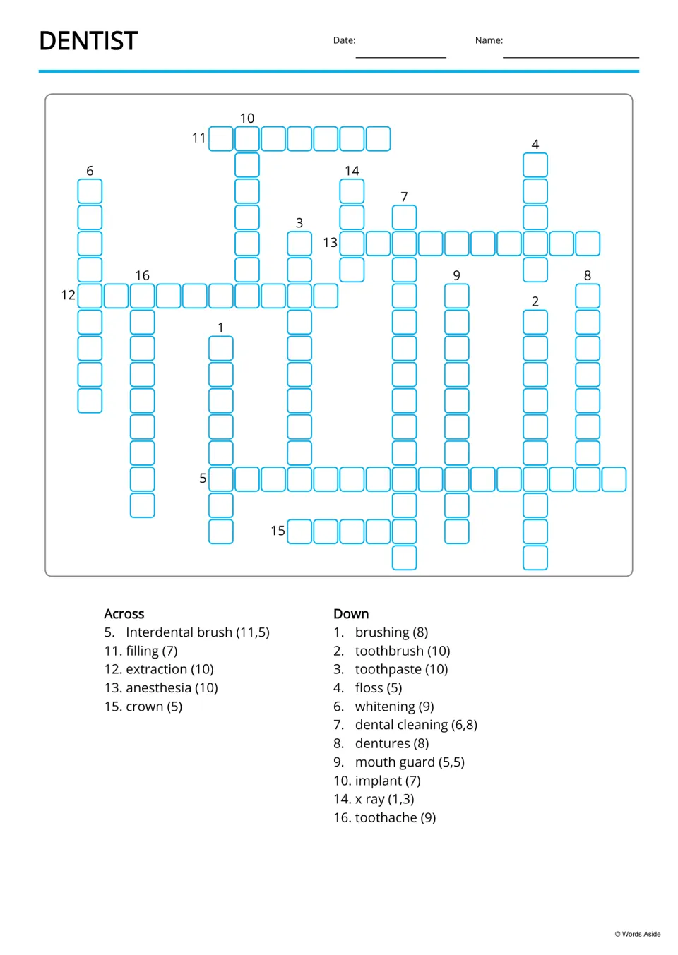 Dentist crossword: students fill in 16 dental words such as extraction, crown and implant using the given word clues