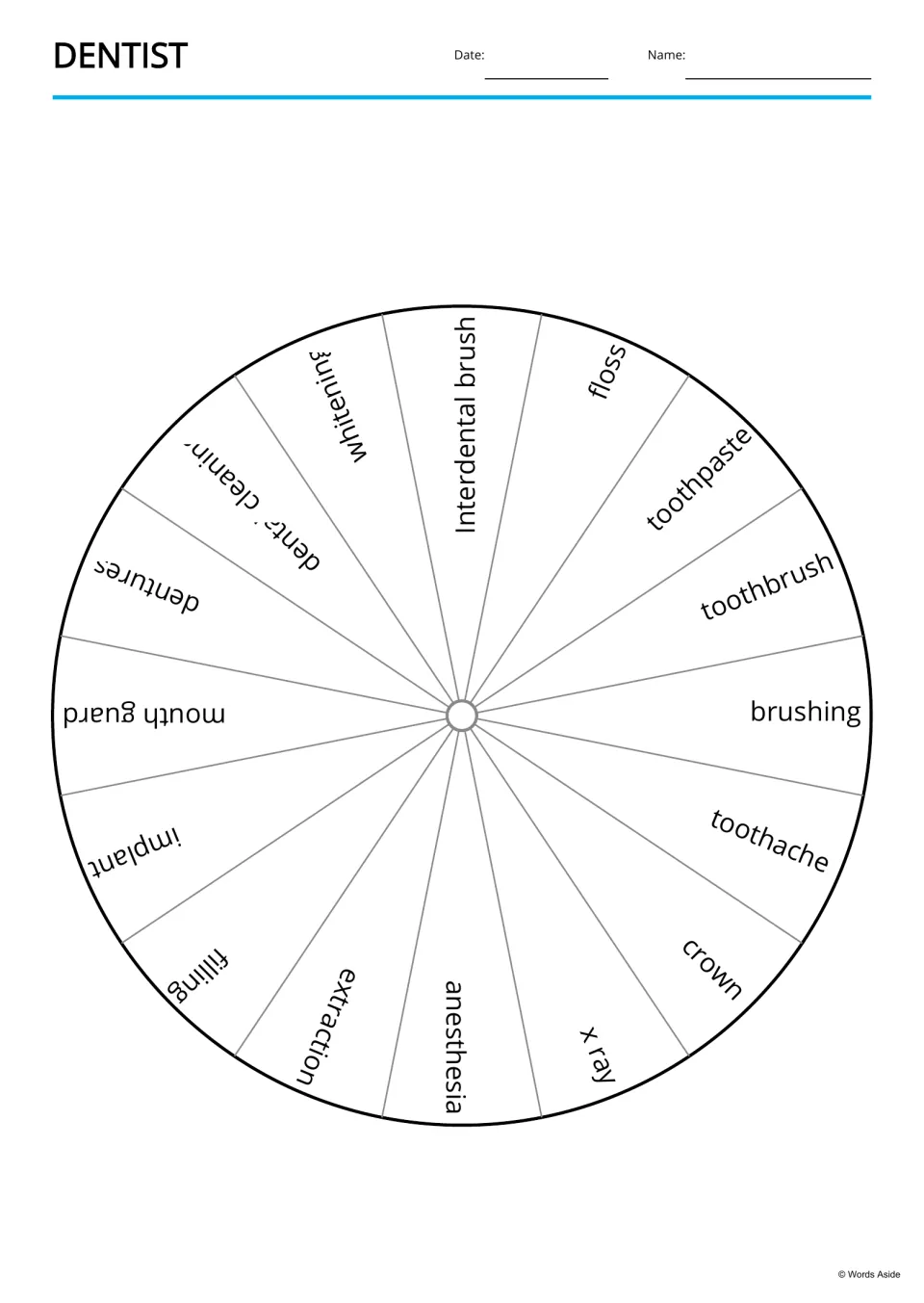 Dentist word wheel showing 16 dental terms in a circle, including toothpaste, crown, x ray, anesthesia and mouth guard