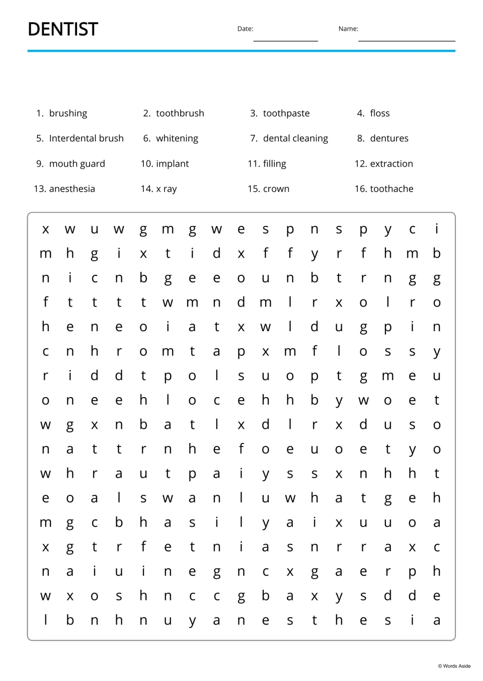 Dentist word search: students find 16 dental words, including whitening, dentures and dental cleaning, in a letter puzzle