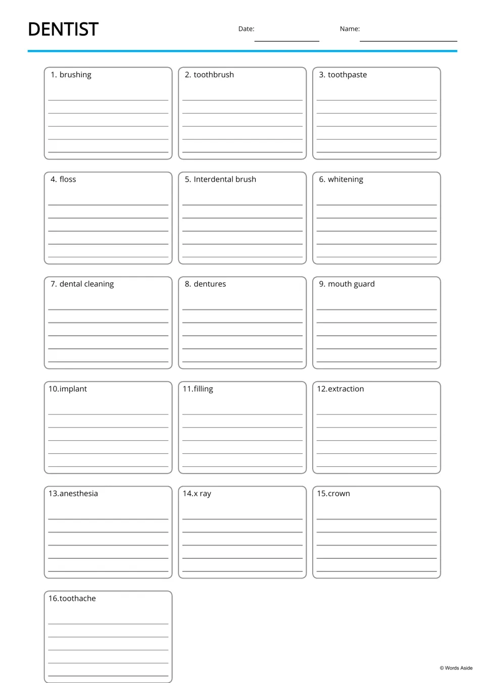 Dentist writing page: students write a sentence or definition for each of 16 terms, from brushing to toothache