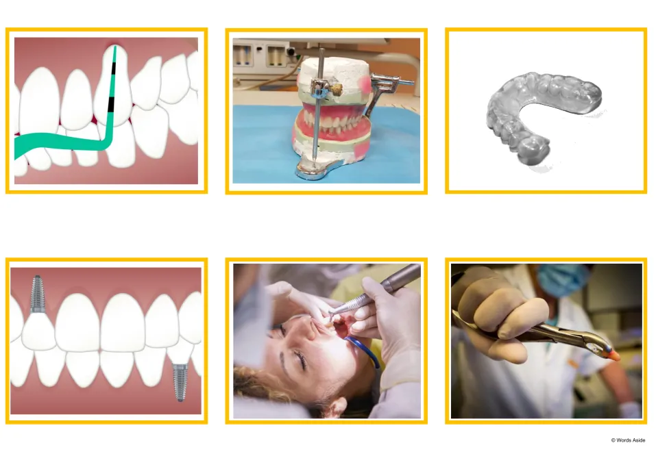 Dental picture cards: a probe on teeth, dentures on a model, a clear mouth guard, implants, a dentist drilling, forceps