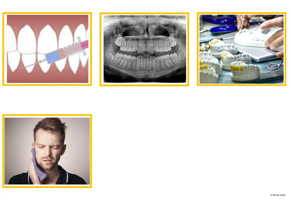 Dental picture cards: a syringe at the gums, a panoramic dental x-ray, plaster teeth models, and a man with toothache