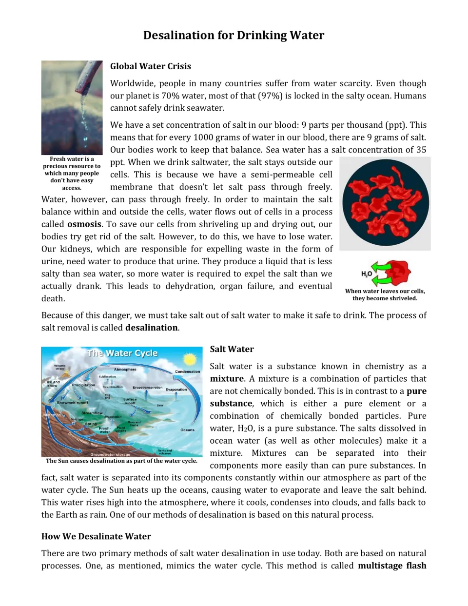 Article opening: global water scarcity, why humans cannot drink seawater, salt water mixtures, and osmosis