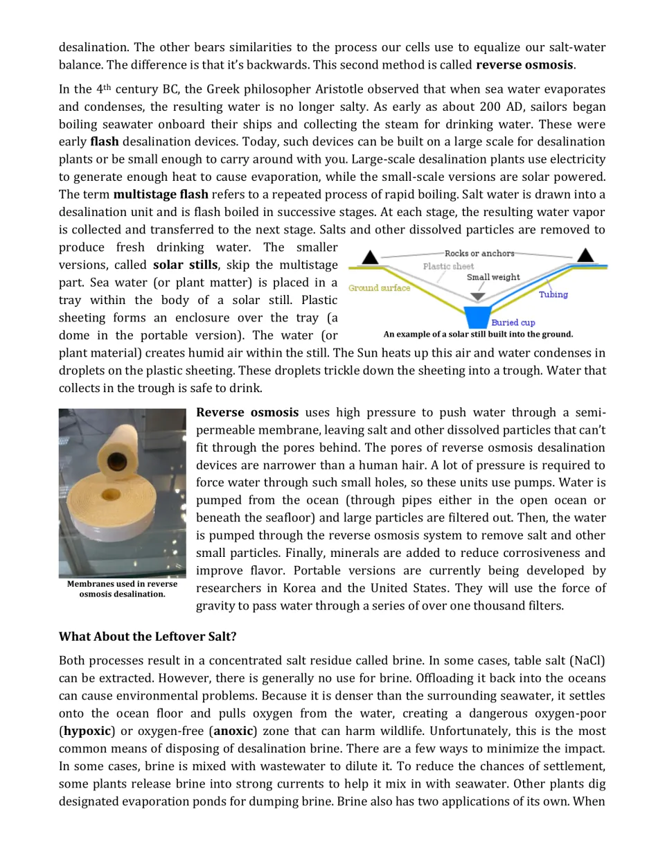 Article continuation: multistage flash desalination, solar stills, reverse osmosis, and leftover brine