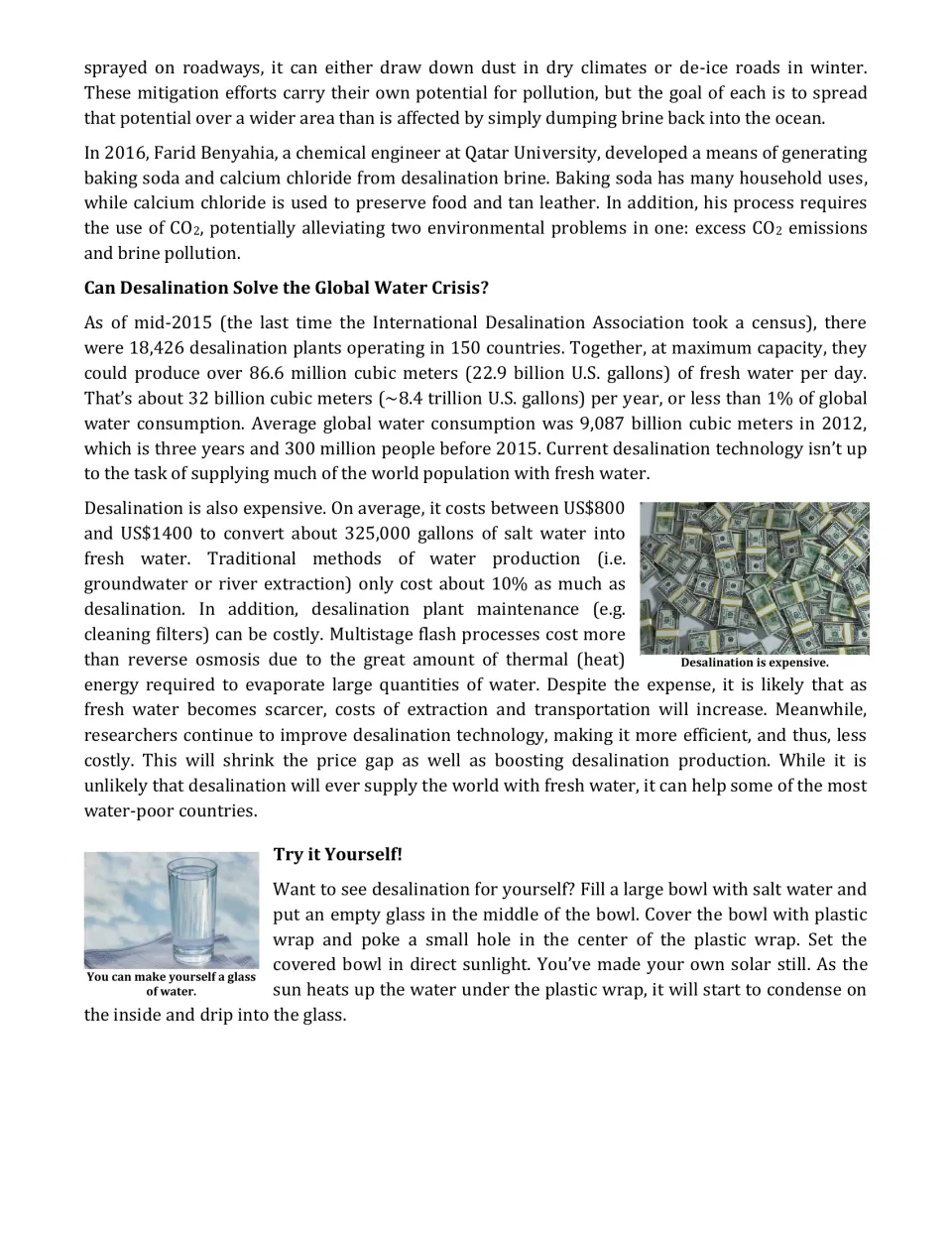 Article conclusion: brine reuse, desalination costs and capacity, and instructions for making a solar still