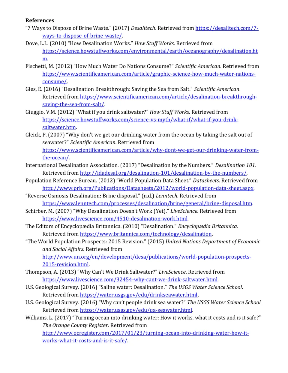 References for the desalination article, including sources on brine disposal, saltwater, and water demand