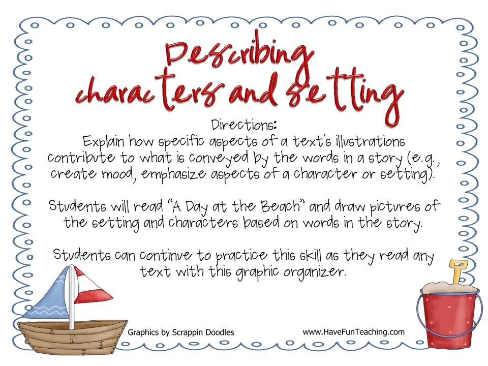 Describing characters and setting: directions to read A Day at the Beach and draw its setting and characters from the text