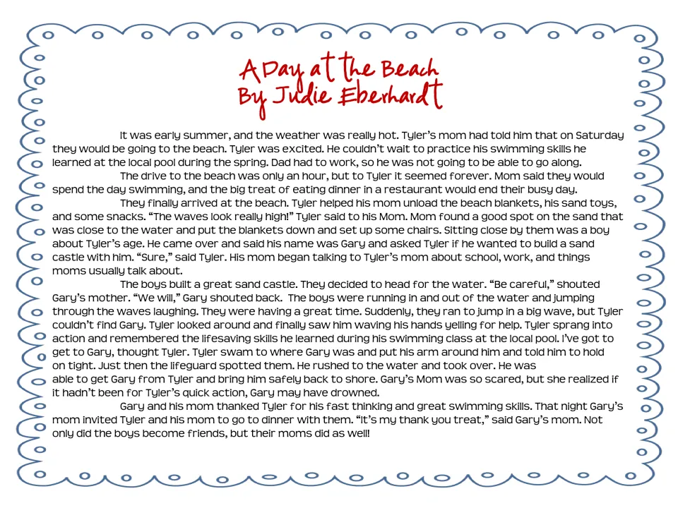 Reading passage A Day at the Beach by Judie Eberhardt: Tyler helps new friend Gary in big waves until a lifeguard arrives