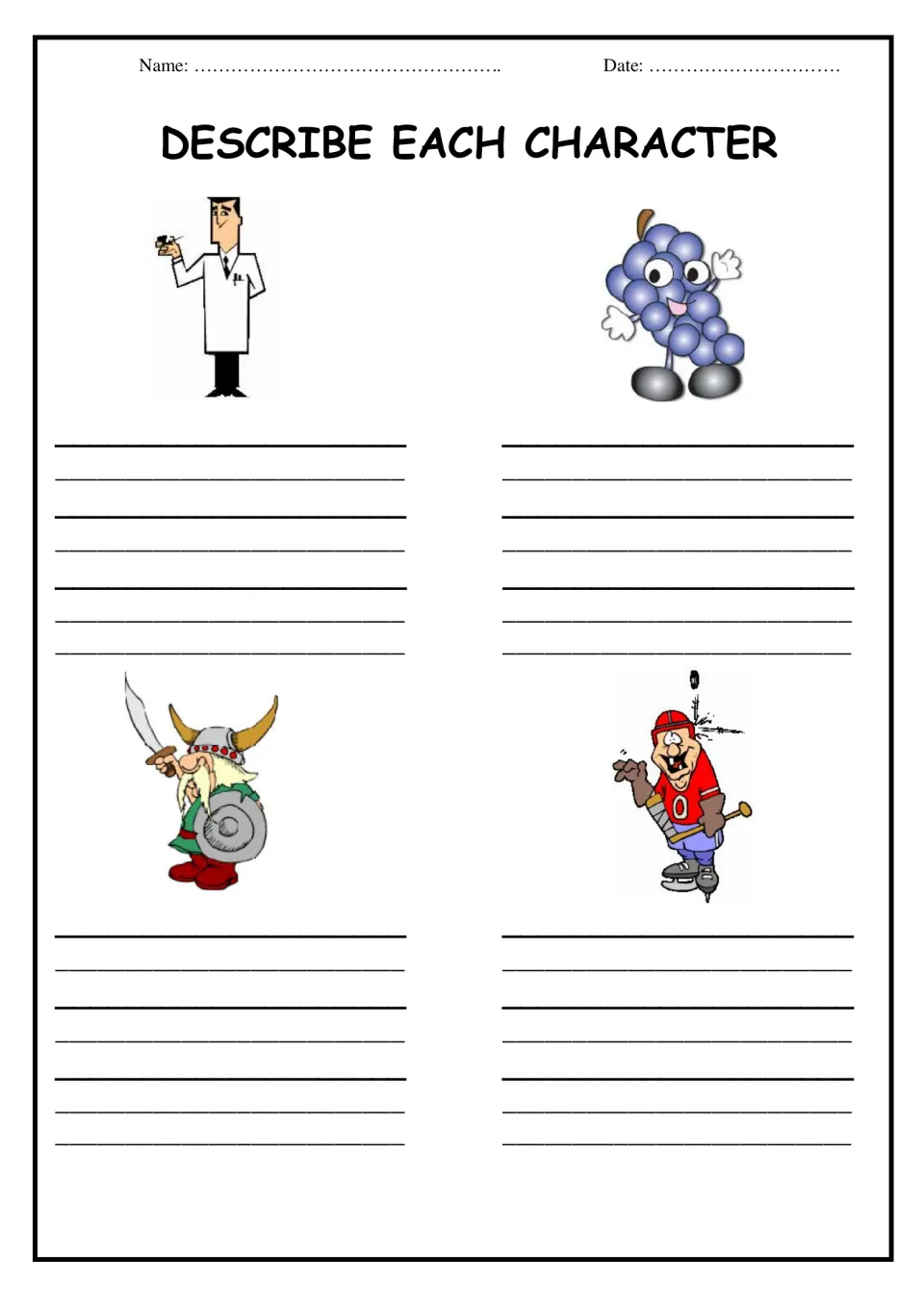 Character description writing: students write sentences describing a scientist, a grape, a Viking and a hockey player