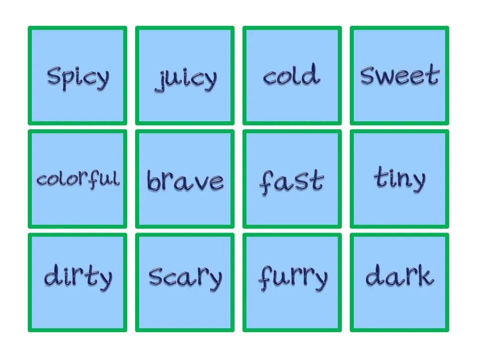 Describing word cards: students match adjectives such as spicy, juicy, cold, sweet, brave, tiny, furry and dark