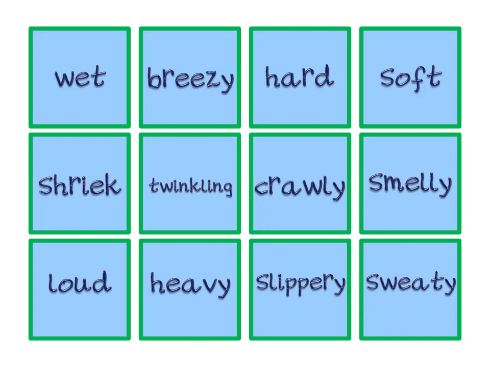 Describing word cards: wet, breezy, hard, soft, shriek, twinkling, crawly, smelly, loud, heavy, slippery and sweaty