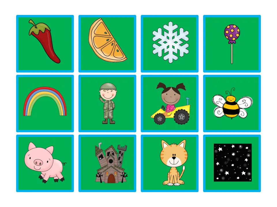 Picture cards to match describing words: chili pepper, orange slice, snowflake, lollipop, rainbow, soldier, pig and cat