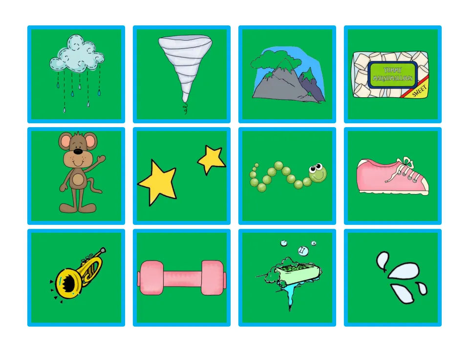 Picture cards to match describing words: rain cloud, tornado, mountains, marshmallows, mouse, stars, trumpet and dumbbell