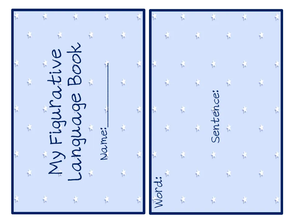 My Figurative Language Book cover with a name line, beside a first page with Word and Sentence prompts to write and draw