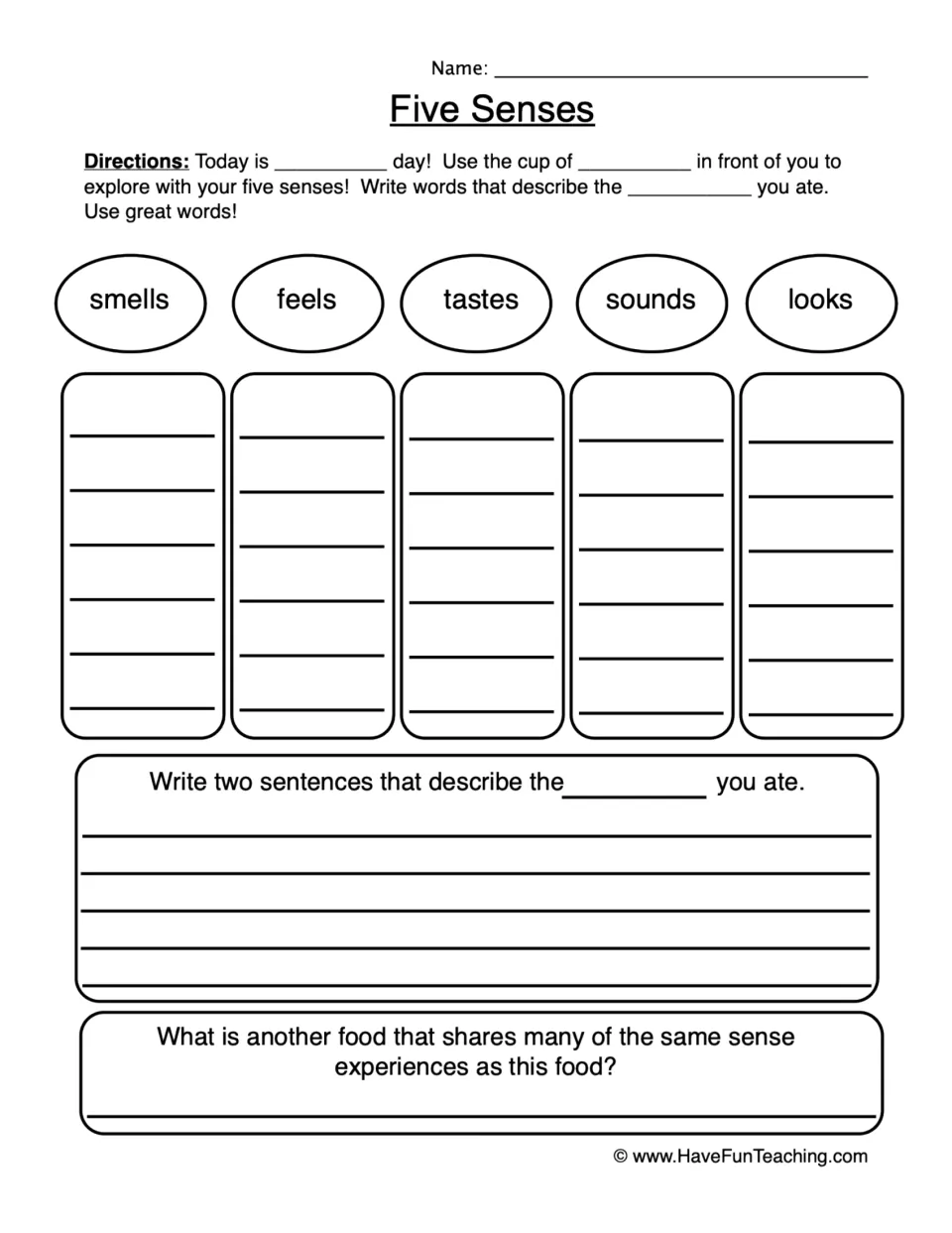 Five Senses tasting: students list words for how a food smells, feels, tastes, sounds and looks, then write sentences