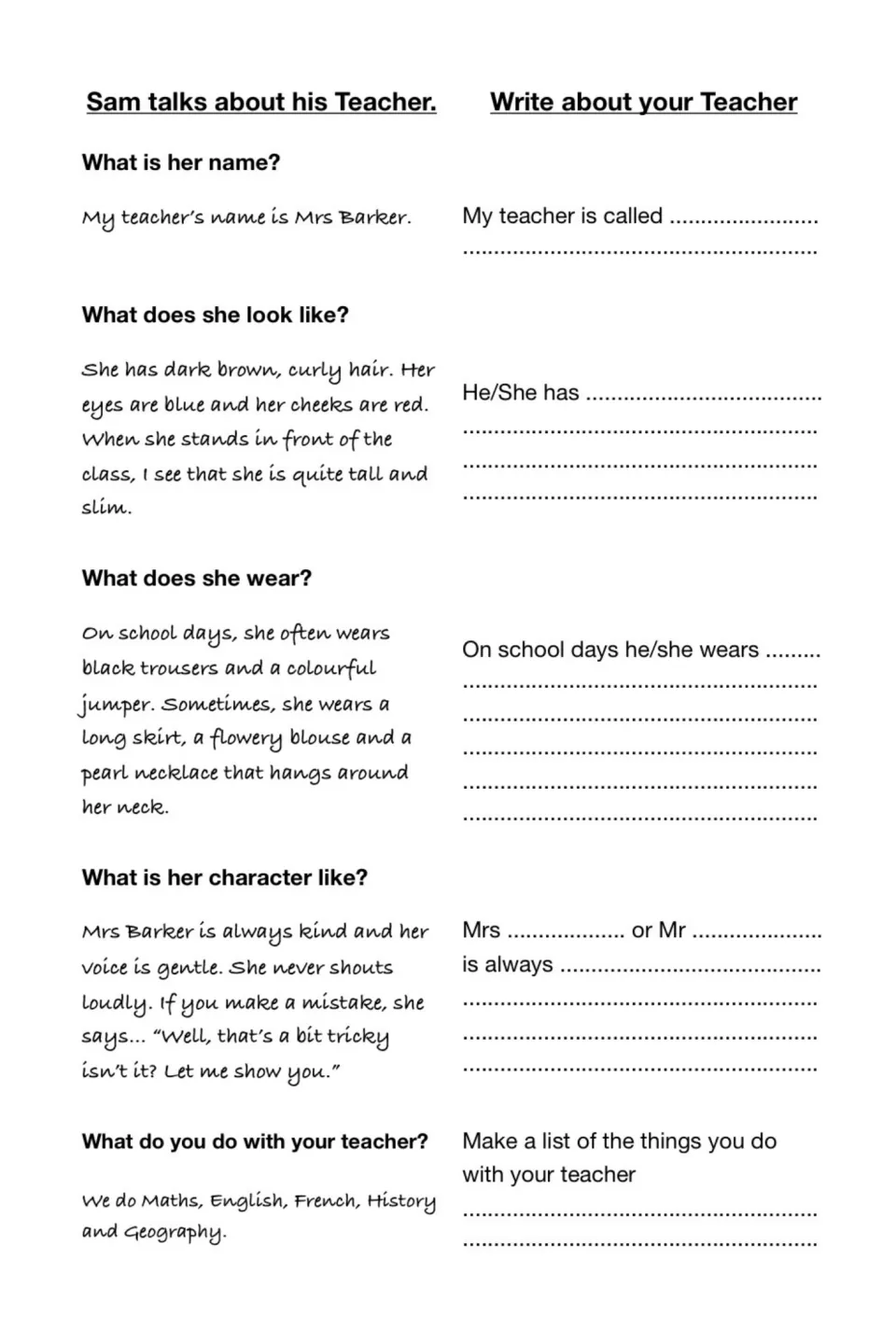 Teacher description: Sam answers questions about Mrs Barker; students use sentence starters to describe their teacher