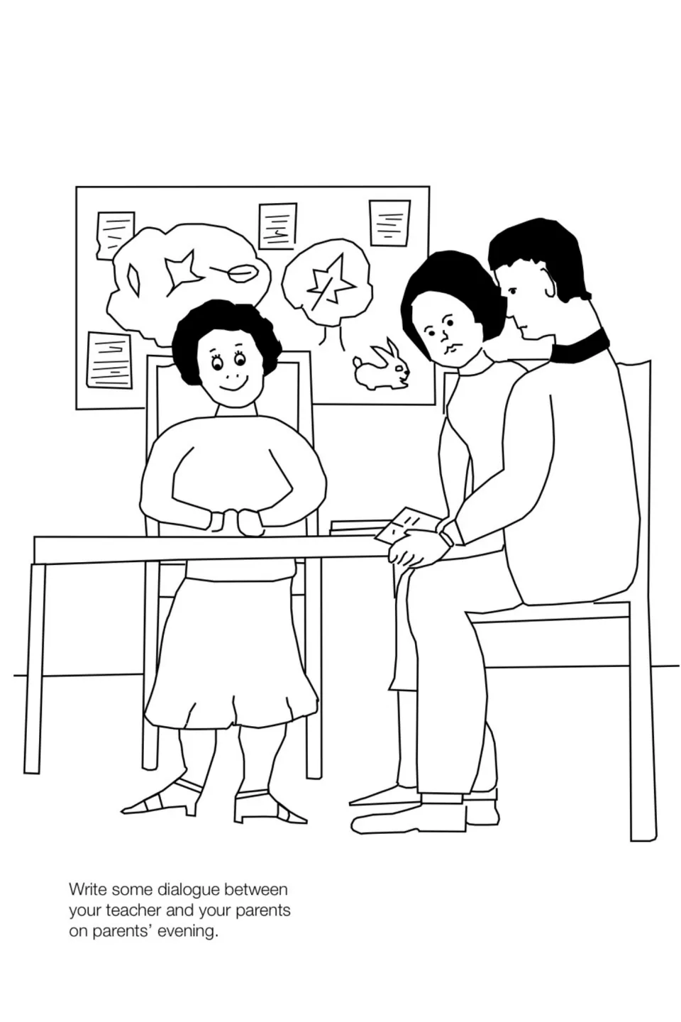 Parents' evening picture prompt: a teacher meets two parents at a desk; students write teacher-parent dialogue