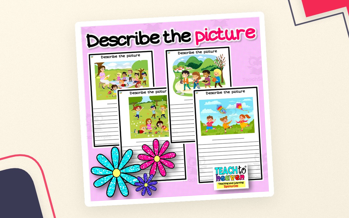Describe the Picture cover with three colorful scenes and lined response-page previews.