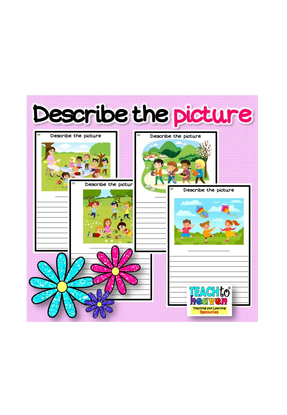 Describe the picture cover previewing four scenes: outdoor story time, children planting, park play and kite flying