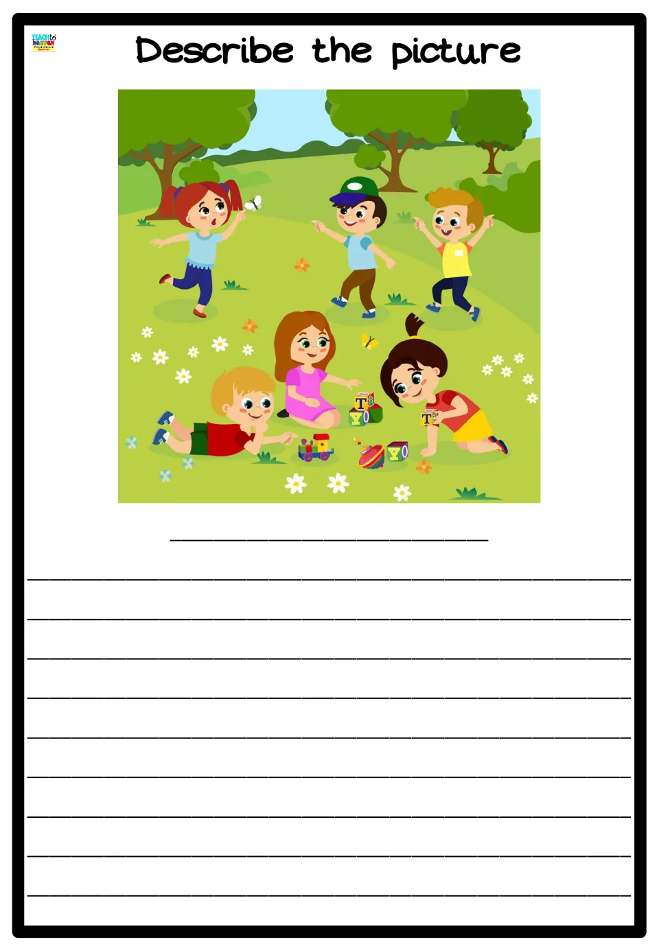 Park play scene to describe: kids chase a butterfly while others lie and sit on the grass with toy blocks and a train
