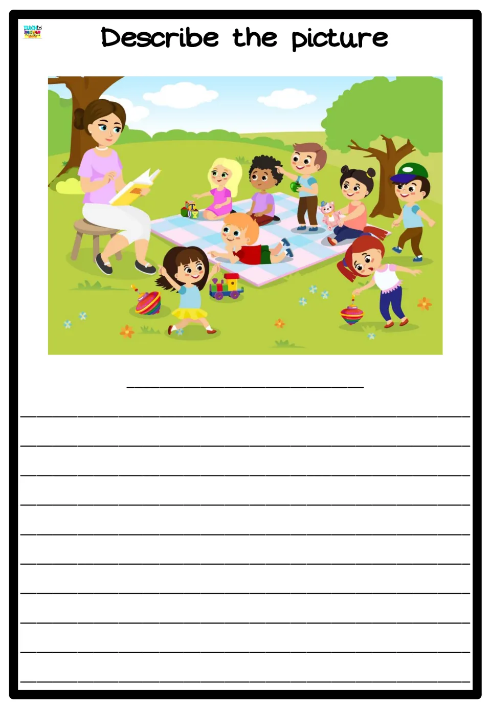 Outdoor story time scene: students write about a teacher reading to children on a picnic blanket as others spin tops