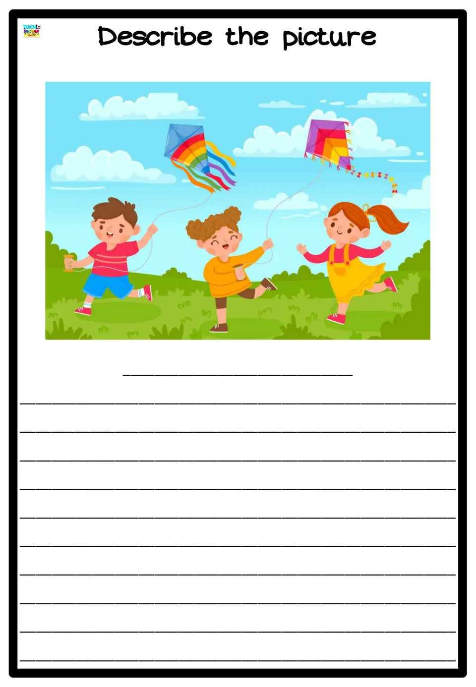 Kite-flying scene for descriptive writing: students describe three children running across a field with two kites